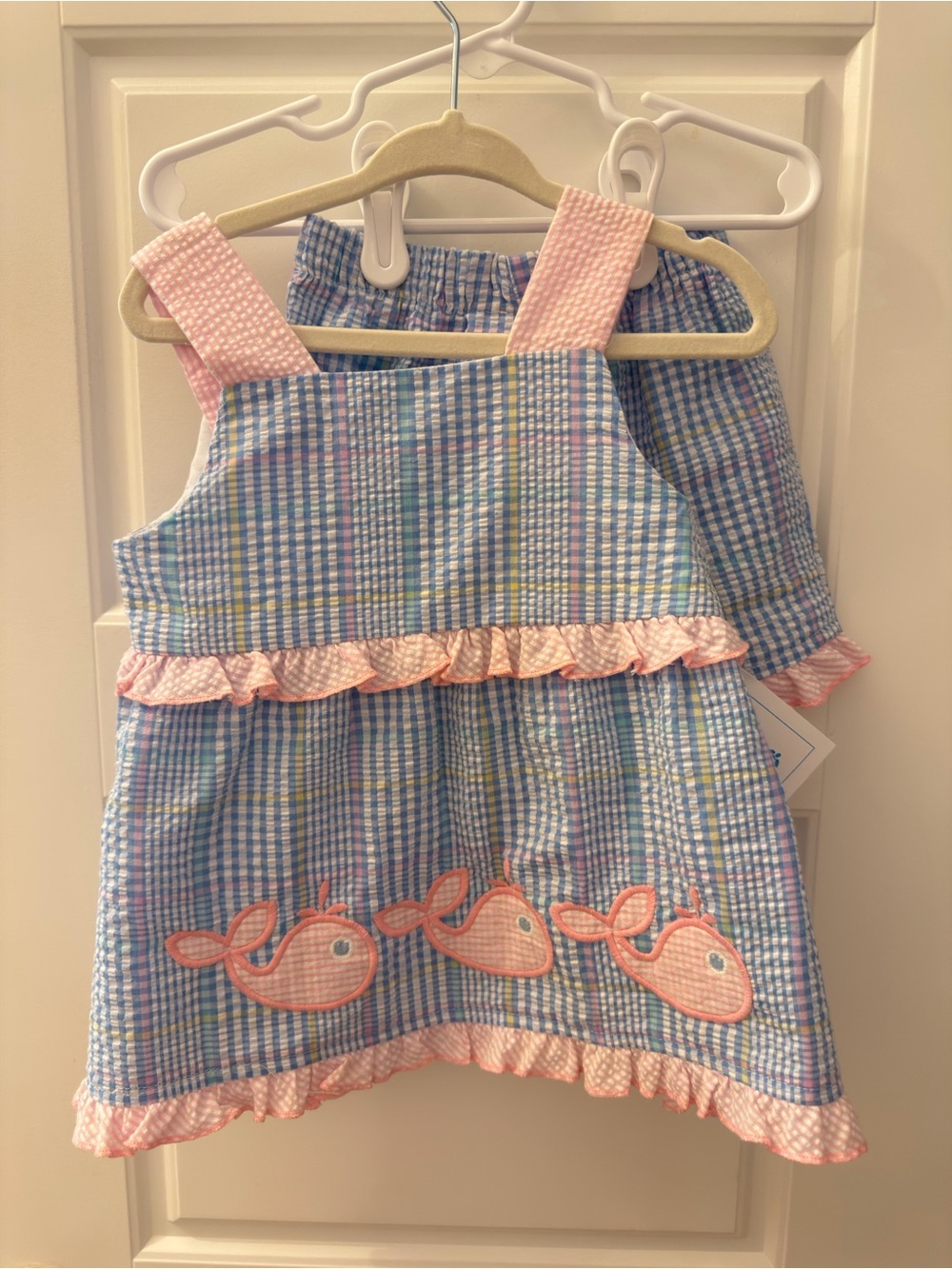 The Bailey Boys Seersucker Whale Dress Set with Pink Ruffle Trim 2T
